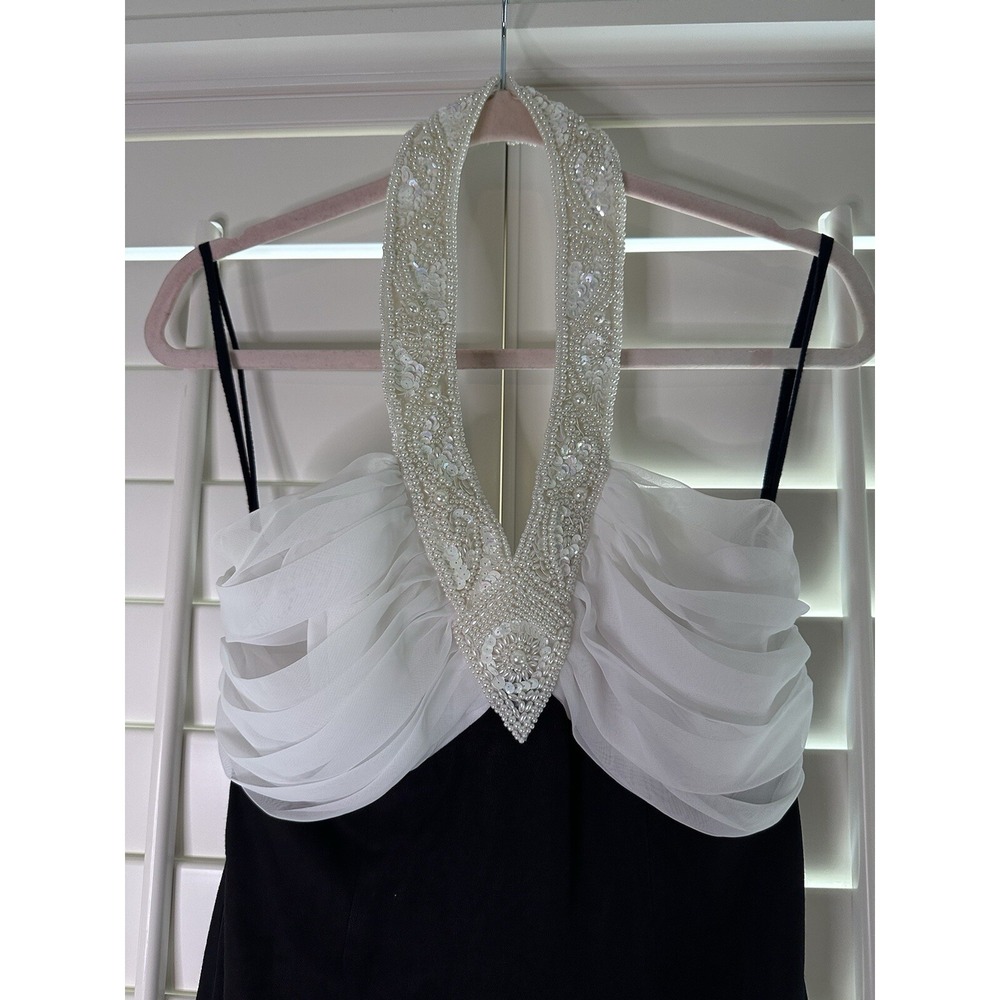 Bari Jay Black White Jeweled‎ Halter Prom Bridesmaid Cocktail Evening Dress 6 - Picture 2 of 9